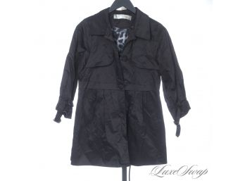 ADORABLE AND LIKE NEW ZOAS ART BLACK TAFFETA LEOPARD PRINT LINED RUCHED SLEEVE FIELD COAT M