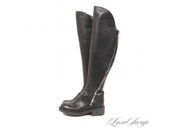 FITTING TO KICK SOME BUTT IN THESE : LIKE NEW ASH BLACK LEATHER ASYMMETRICAL ZIP OVER THE KNEE BOOTS 7
