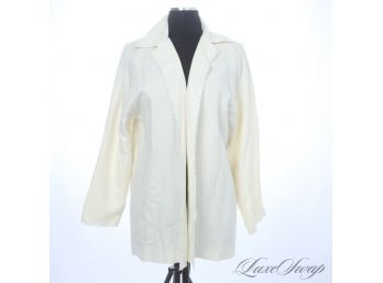 WORK FROM HOME LUXE : SHAMASK MADE IN USA CREAM BASKETWEAVE SHREDDED EDGE BUTTONLESS JACKET 1