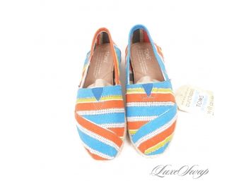 BRAND NEW WITH TAGS TOMS TURQUOISE ORANGE MULTI STRIPE STRAW ESPADRILLE SHOES 5