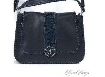 BRAND NEW WITHOUT TAGS AUTHENTIC MICHAEL KORS MARINE BLUE BRAIDED EDGE SNAKESKIN PRINT CONVERTIBLE BAG