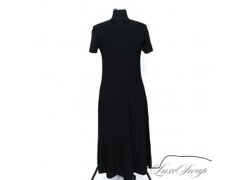 BRAND NEW WITH TAGS SALVATORE FERRAGAMO BLACK KNIT RIBBED DRESS WITH GOLD STUDDED COLLAR L - READ