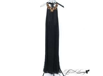 JUST STUNNING : $600 ALICE & OLIVIA LONG LACE BLACK EMBROIDERED NECK LONG GOWN L