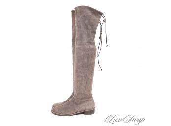 VIRTUALLY BRAND NEW WITHOUT BOX STUART WEITZMAN TAUPE GREY CHEVRE SUEDE FLAT OVER THE KNEE BOOTS 7