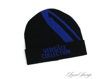 BRAND NEW WITH TAGS VERSACE COLLECTION BLACK AND ROYAL BLUE STRIPE BEANIE HAT