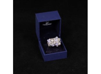 VIRTUALLY BRAND NEW IN BOX SWAROVSKI SILVER RING WITH FAUX PEARLS AND AURORA BOREALIS CRYSTALS SIZE 58
