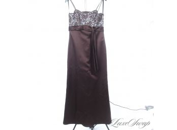 LIKE NEW JIM HJELM OCCASION CHOCOLATE BROWN SATIN BLUE UNDERLAY EVENING GOWN 12