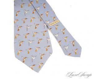 AUTHENTIC TIFFANY & CO MENS MADE IN ITALY SKY BLUE SILK TIE WITH CHEERFUL HUMMINGBIRDS