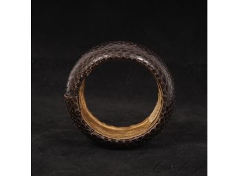 STUNNING TED ROSSI NYC CHOCOLATE BROWN MATTE COBRA SNAKESKIN CUFF BRACELET WITH GOLD LEATHER LINING