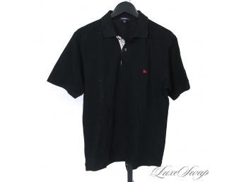LIKE NEW AND AUTHENTIC BURBERRY MENS MADE IN ENGLAND BLACK PIQUE POLO SHIRT WITH TARTAN CHECK PLACKET L #1