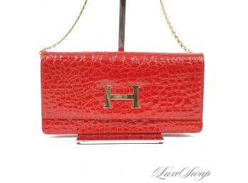 VINTAGE FRIZZONI FIRENZE CHERRY RED ALLIGATOR PRINT PATENT FINISH CHAIN BAG WITH H LOCK