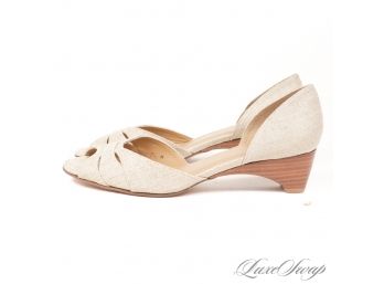 BRAND NEW WITHOUT BOX UNUSED STUART WEITZMAN SAND GLASED LINEN TRIPLE STRAP STACKED HEEL SHOES 7.5