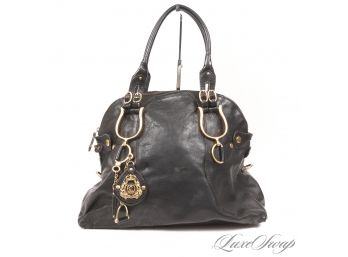DAILY DRIVER : JUICY COUTURE BLACK TUMBLED LEATHER AND GOLD TONE CHARMS LARGE TOTE BAG