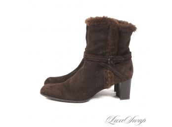 VIRTUALLY BRAND NEW STUART WEITZMAN BROWN SUEDE AND FUR SHEARLING SIDE ZIP BOOTIES 8.5