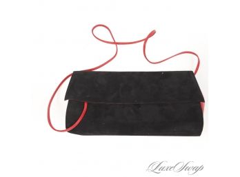 LIKE NEW VINTAGE 1980S CHARLES JOURDAN MADE IN FRANCE BLACK SUEDE CONVERTIBLE CLUTCH/SHOULDER BAG W/RED INSET