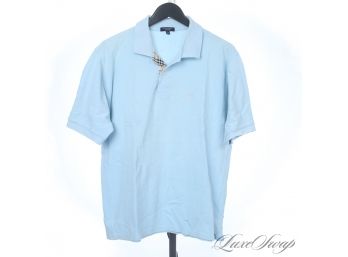 LIKE NEW AND AUTHENTIC BURBERRY MENS MADE IN ENGLAND BABY BLUE PIQUE POLO SHIRT WITH TARTAN CHECK PLACKET L