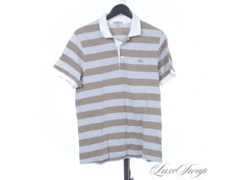 LIKE NEW AND AUTHENTIC BURBERRY MENS GREY AND COFFEE STRIPE PIQUE POLO SHIRT SLIM FIT L