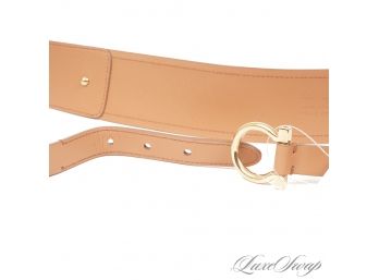 BRAND NEW WITHOUT TAGS SALVATORE FERRAGAMO CAMEL SUEDE WRAPAROUND WAIST BELT WITH GOLD GANCINI BUCKLE 75