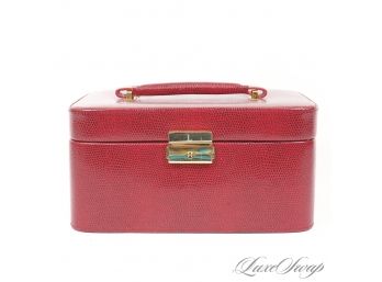ONE BEAUTIFUL AND LIKE NEW RED LIZARD PRINT LEATHER DOUBLE TIER JEWELRY BOX WITH SUEDE LINING