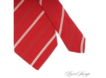 AUTHENTIC GIORGIO ARMANI MADE IN ITALY RUBY RED SATIN SILK MENS TIE WITH REPP STRIPES