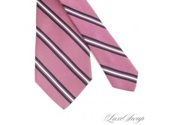 FACONNABLE HAND MADE IN ITALY MENS ROSE PINK RIBBED SATIN SILK TIE WITH REPP STRIPES