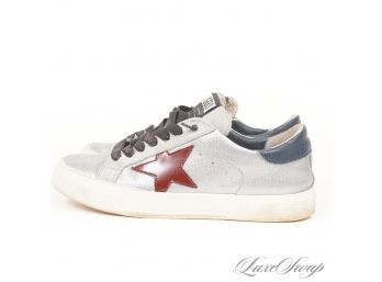 GET READY FOR A BIDDING WAR : $500 AUTHENTIC GOLDEN GOOSE DELUXE BRAND 'MAY' SILVER DISTRESSED SNEAKERS 37