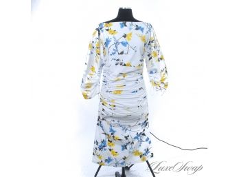BRAND NEW WITH TAGS SALVATORE FERRAGAMO WHITE COTTON RUCHED FLORAL LONG SLEEVE AVANT GARDE DRESS 42