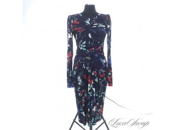 BRAND NEW WITH TAGS $2600 SALVATORE FERRAGAMO NAVY SLINKY RUCHED ALLOVER FLORAL DRESS 44