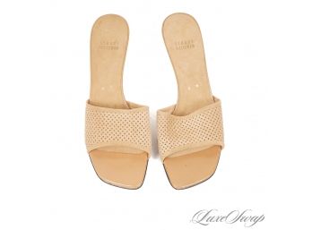 LIKE NEW STUART WEITZMAN CAMEL PERFORATED SUEDE SINGLE STRAP SANDALS 8