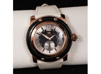 SUMMER READY : GLAM ROCK MIAMI BLACK AND ROSE GOLD TONE DOUBLE DIAL WATCH ON WHITE PATENT LEATHER STRAP