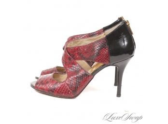 LIKE NEW WITHOUT BOX AUTHENTIC MICHAEL KORS WINE SNAKESKIN PRINT AND PATENT STRAPPY STILETTO SHOES 8