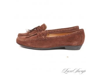 LIKE NEW PREGO MADE IN ITALY SNUFF BROWN SUEDE PICKSTITCHED BOW FLAT RUBBER SOLE LOAFERS 38