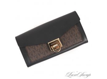 BRAND NEW WITHOUT TAGS AUTHENTIC MICHAEL KORS BLACK LEATHER AND MK MONOGRAM CANVAS LOCK BUCKLE CLUTCH WALLET