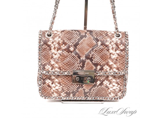 BRAND NEW WITHOUT TAGS MICHAEL KORS BROWN PINK PYTHON PRINT SILVER CHAIN FLAP BAG