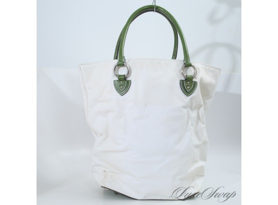 TOP DOWN, BAG IN THE BACK, FEET ON THE DASH : RECENT MARC JACOBS WHITE CANVAS GREEN LEATHER TRIM TOTE BAG