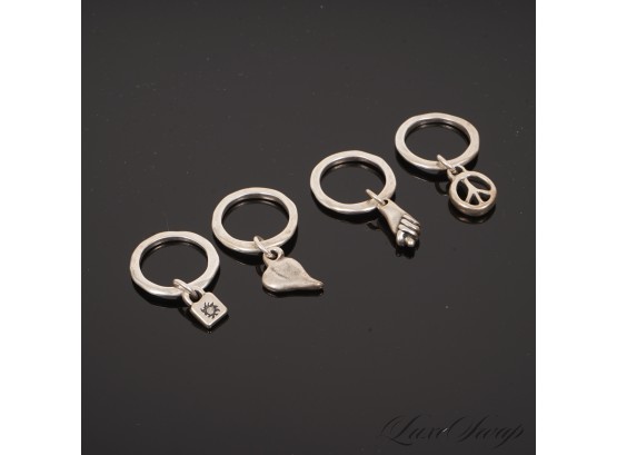 GO LOOK THEM UP, COOL COMPANY! LOT OF 4 UNO DE 50 .925 STERLING SILVER AMULET RINGS WITH CHARM DANGLES