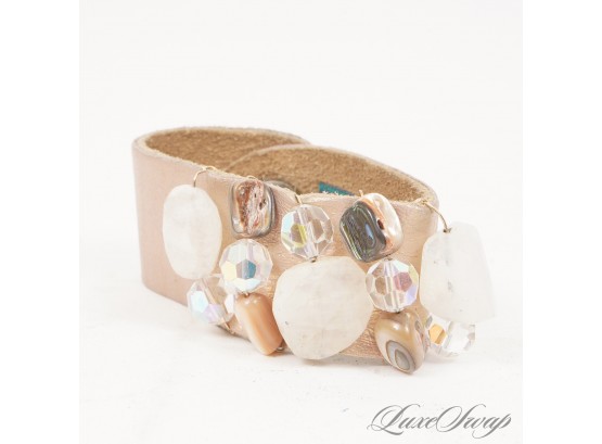 A BEAUTIFUL AND LIKE NEW RACHEL ABROMS PEARLESCENT LEATHER SNAP BRACELET WITH CRYSTAL & SEMIPRECIOUS STONES