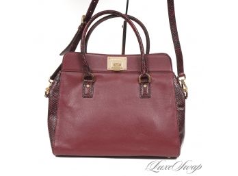 BRAND NEW WITHOUT TAGS MICHAEL KORS WINE GRAIINED LEATHER PYTHON PRINT TRIM TOTE SATCHEL W/STRAP