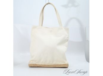 THE PERFECT COUNTRY CLUB TOTE : PATRIZIA PEPE FIRENZE IVORY UNLINED CANVAS VACHETTA LEATHER BOTTOM TOTE BAG