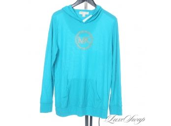 BRAND NEW WITH TAGS MICHAEL KORS TURQUOISE AQUA BLUE KNIT GOLD MK COIN HOODIE SWEATSHIRT XL