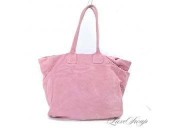 WHAT A COLOR! LAI MADE IN ITALY LARGE BUBBLEGUM PINK SUEDE UNSTRUCTURED SLOUCHY TOTE BAG