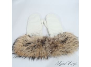 YEAH THESE WERE EXPENSIVE! AUTHENTIC PRADA WHITE MICROFIBER AND GENUINE FOX FUR WOMENS GLOVES!