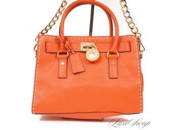 SPRING COLORS! BRAND NEW WITHOUT TAGS MICHAEL KORS TANGERINE ORANGE SOFT LEATHER TOPSTITCHED HANDBAG