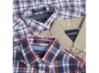 LOT OF 3 GANT AND JOMERS LIKE NEW MENS WATERFRONT TARTAN PLAID AND SOLID KHAKI SUMMER SHIRTS S