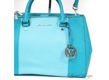 SPRING COLORS! BRAND NEW WITHOUT TAGS MICHAEL KORS AQUAMARINE TURQUOISE COLORBLOCK SAFFIANO LEATHER BAG
