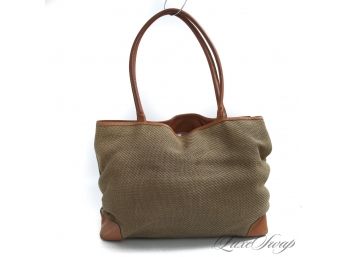 PERFECT FOR DINNERS ON THE WATER : STUBBS AND WOOTTON MADE IN SPAIN KHAKI RAFFIA LEATHER TRI LARGE TOTE BAG
