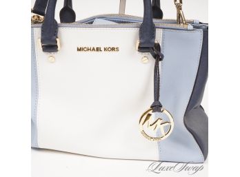 SPRING COLORS! BRAND NEW WITHOUT TAGS MICHAEL KORS TRIPLE TONE WHITE CORNFLOWER NAVY SAFFIANO LEATHER BAG