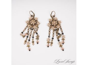 LIKE NEW SIGNED 'M. YURI' LARGE HAMMERED BRASS CHANDELIER EARRINGS WITH CRYSTALS AND FLORAL DETAILS