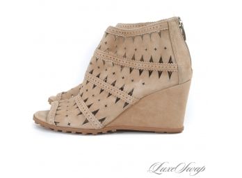 LITERALLY ONLY WORN FOR A FEW HOURS : VIA SPIGA TAN SUEDE CUTOUT PEEPTOE WEDGE SANDALS