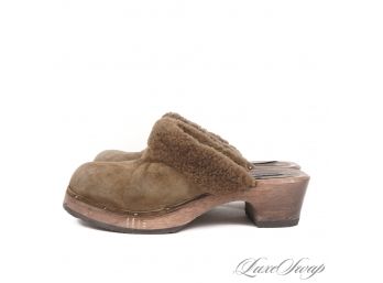 ITS STILL A LITTLE CHILLY OUT : RALPH LAUREN 'ARCOLA: BROWN SUEDE SHEARLING CUFF TRIM CLOGS MULES 8